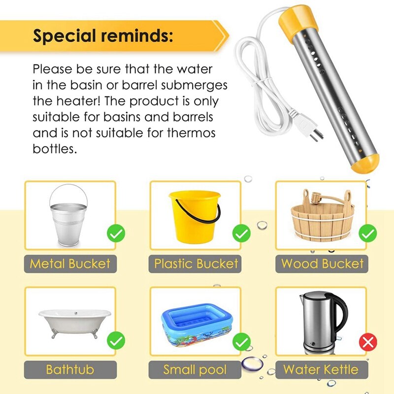 Immersion Water Heater, Stainless Steel Shield and Thermostat Heater, Thermostat 1500W with Digital Thermometer US Plug