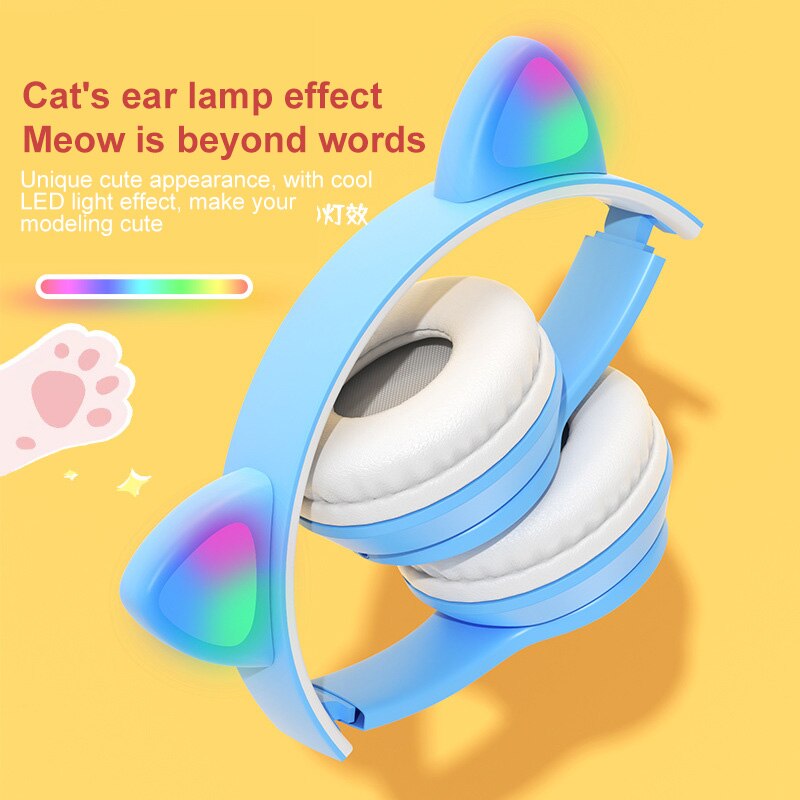 Leuke Kat Oren Bluetooth Draadloze Hoofdtelefoon Met Microfoon Kan Controle Led Kid Meisje Stereo Muziek Helm Telefoon Headset