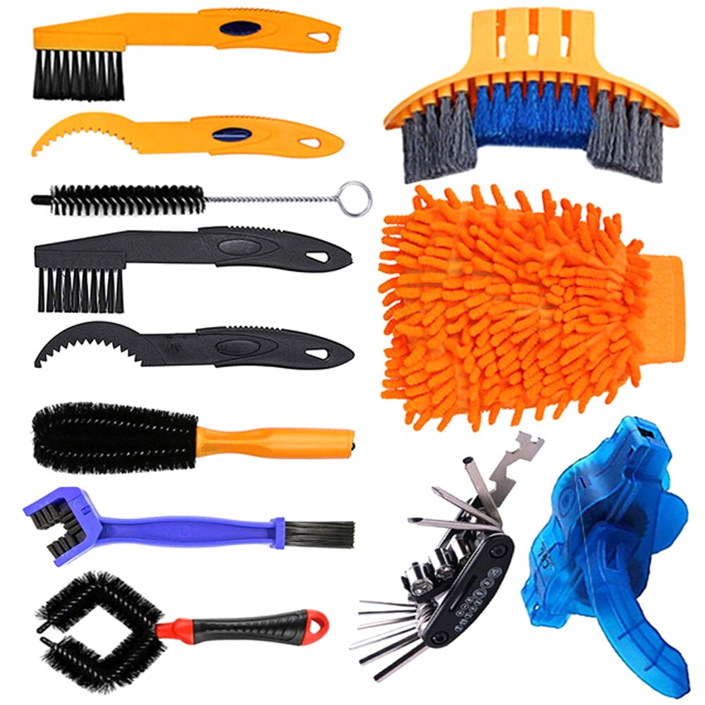 Bike Cleaning Kit Bicycle Chain Cleaner Clean Tire Brush Road MTB Cycling Cleaning Gloves Kits Cleaners Tool for Mountain, City: Orange