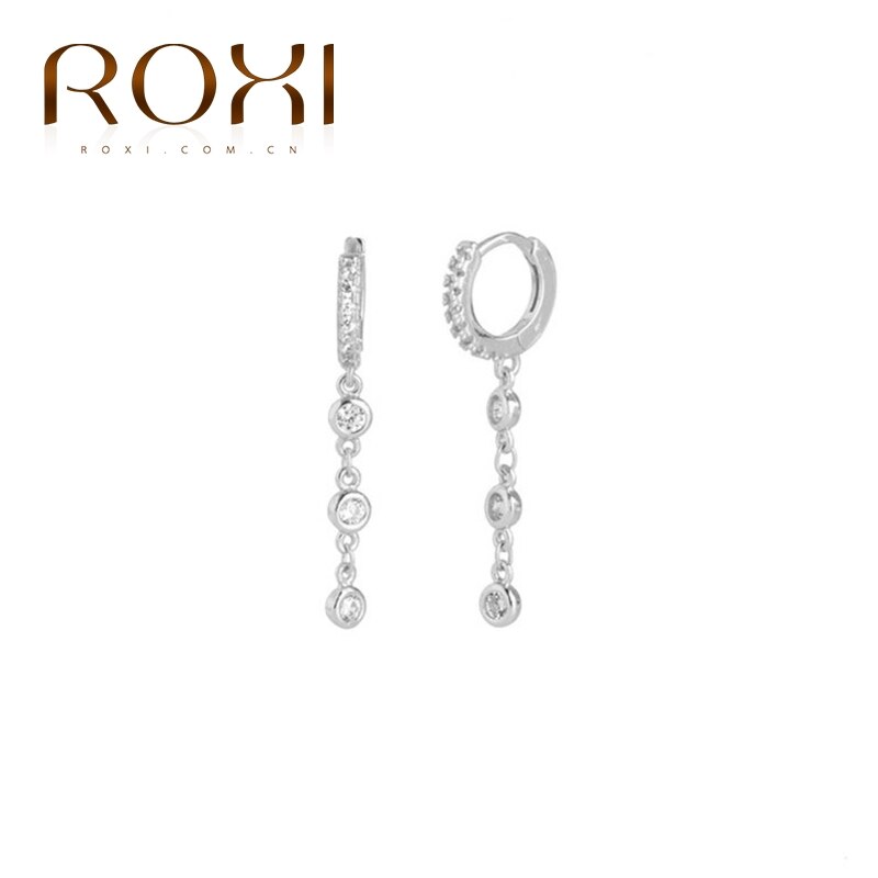 ROXI Luxo 925 Sterling Silver Brincos Rodada Zircon Cristal Longo Pingente Oorbellen Pendientes Mulheres Oscila o Brinco Jóias