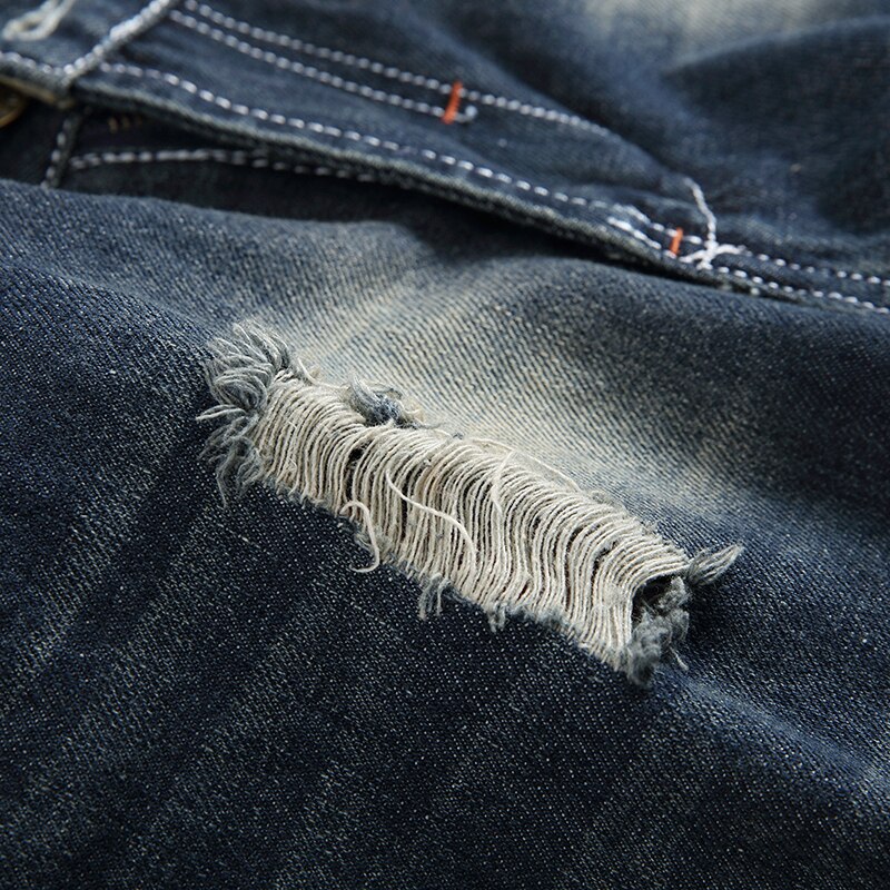HMILY Ripped Biker Jeans Mens Distressed Denim Pants Man Torn Patches Stretch Jeans Men Blue Color Trousers
