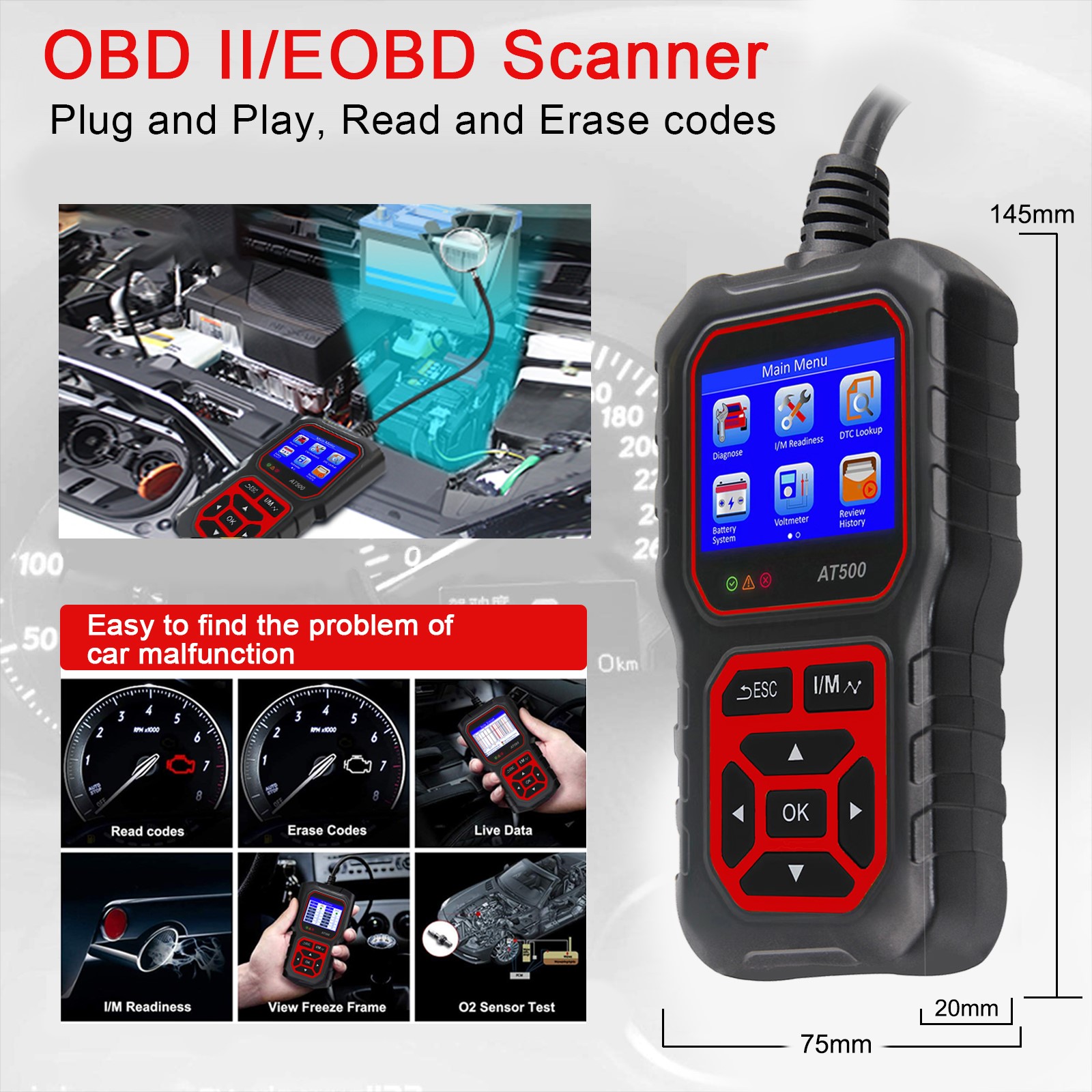 OBD2 Scanner Red AT500 Code Reader Diagnostic Tools Read and Display Data For Universal Cars