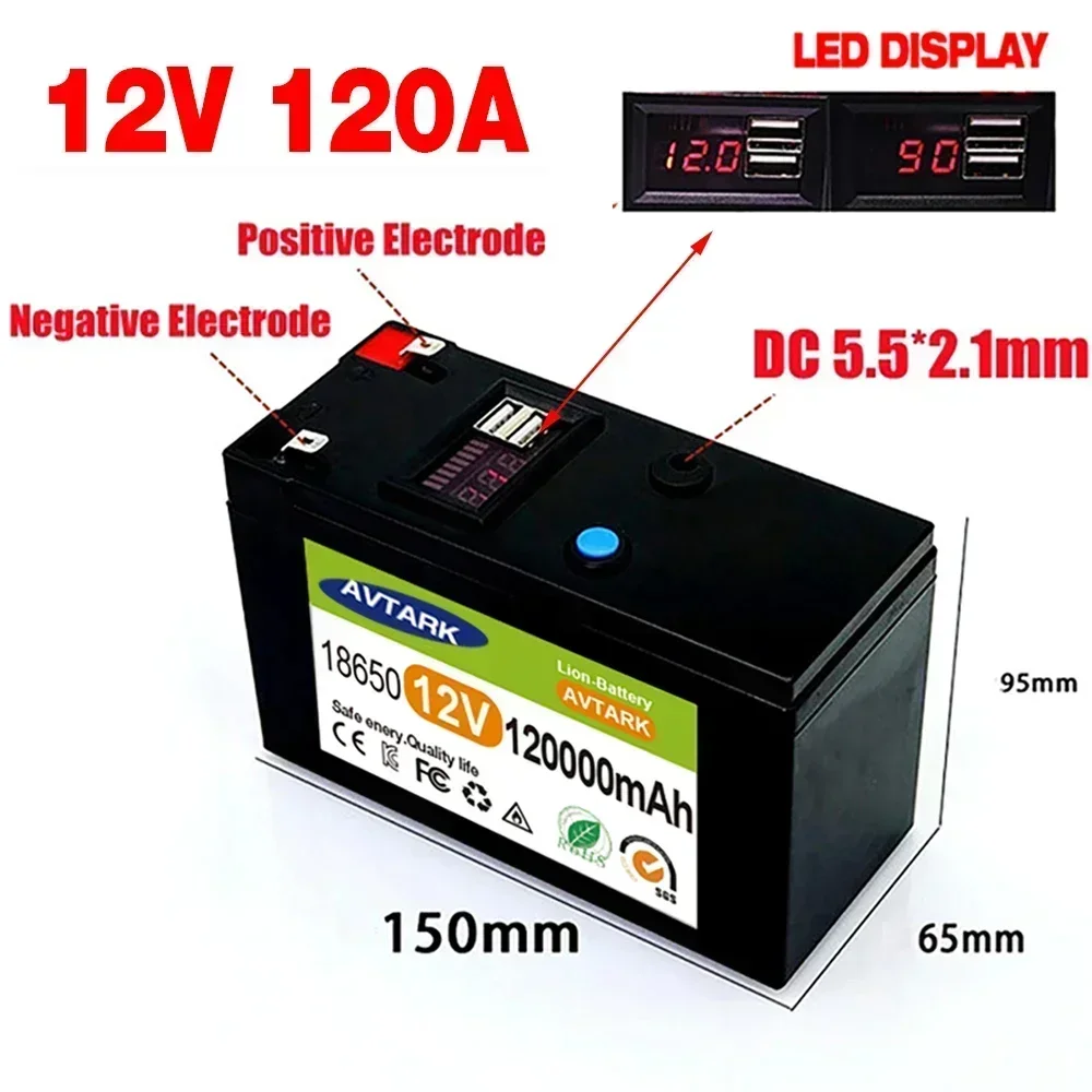 Upgraded LiFePO4 Lithium Battery 12V 120Ah Portable Rechargeable Battery Built-in 5V 2.1A Usb Power Display Port Charging