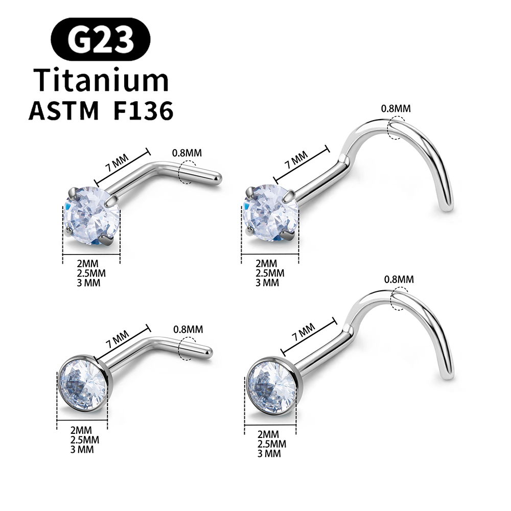 1/10 Uds ASTM F136 G23 Piercing de titanio para la nariz 20G tachuelas para la nariz en forma de L con circonita 2-3mm anillos para la nariz joyería para Piercing de la nariz