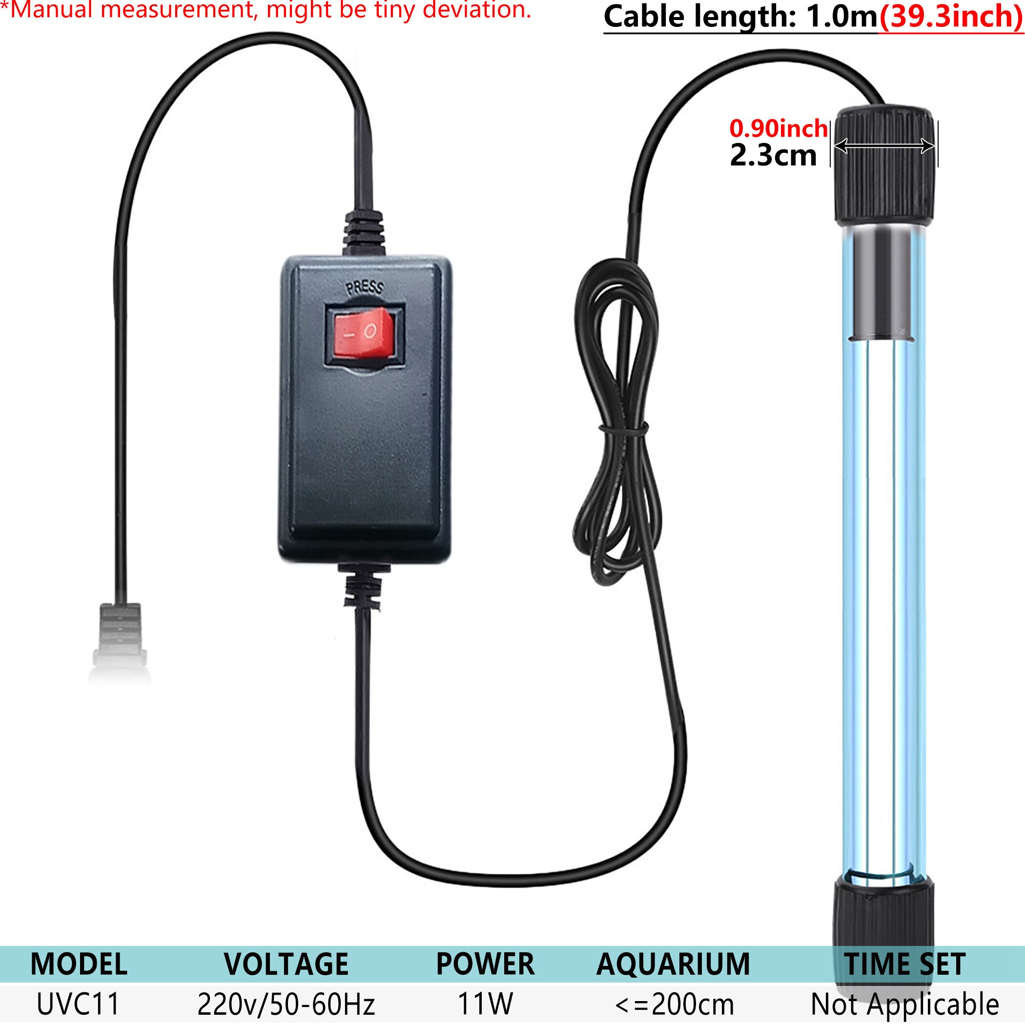 Manual Button 220V Submersible UV Light, Aquarium Underwater Clean Green Algae Water Ceaning Lamp Used in Sump Tank: UVC11 11W / US Plug