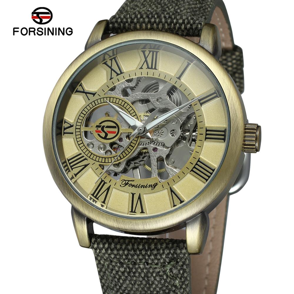 Forsining Mannen Horloge Skeleton Mechanische Hand Wind Canvas Strap Stijlvolle Romeinse Cijfers Vogue Horloge Heren Horloges