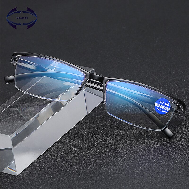 VCKA Anti-blue light Resin Reading Glasses Men Women Metal Half Frame Hyperopia Eyeglasses +1.0 1.52.02.5 3.0 3.5 4.0 Diopter