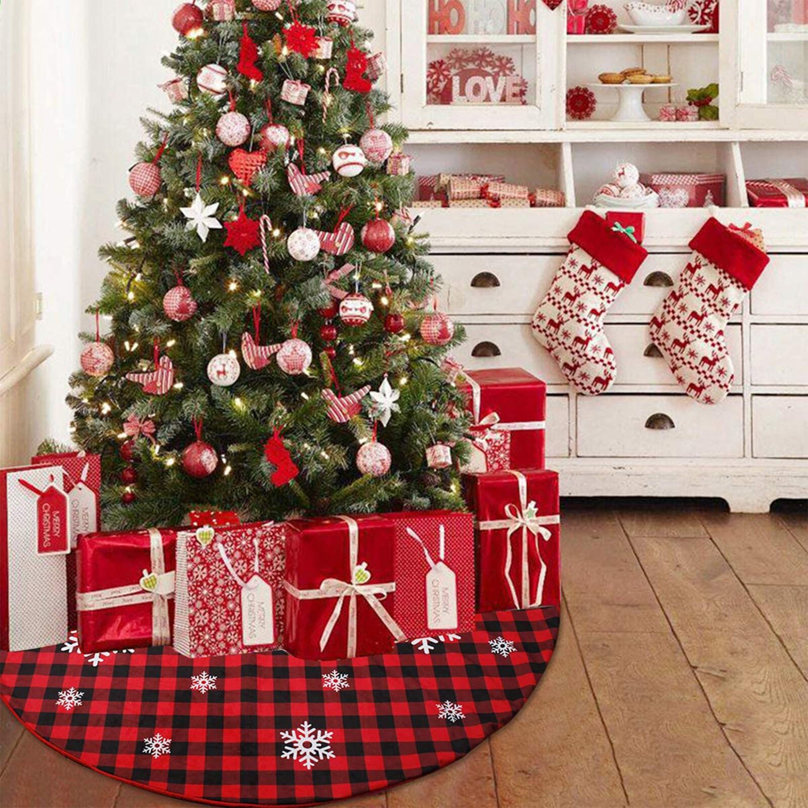 Juletræsnederdel, store buffalo plaid xmas træmåtter med snefnug rensdyrsprint til dekoration til hjemmefest