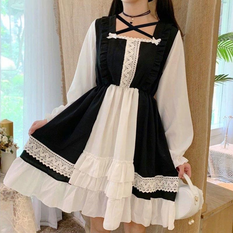 Anbenser Japanese Sweet Loli Dress Op Small Cute Lolita Dresses Girls Schoolgirl Fairy Women Gothic Lolita Dress Kawaii Clothing: Black / L