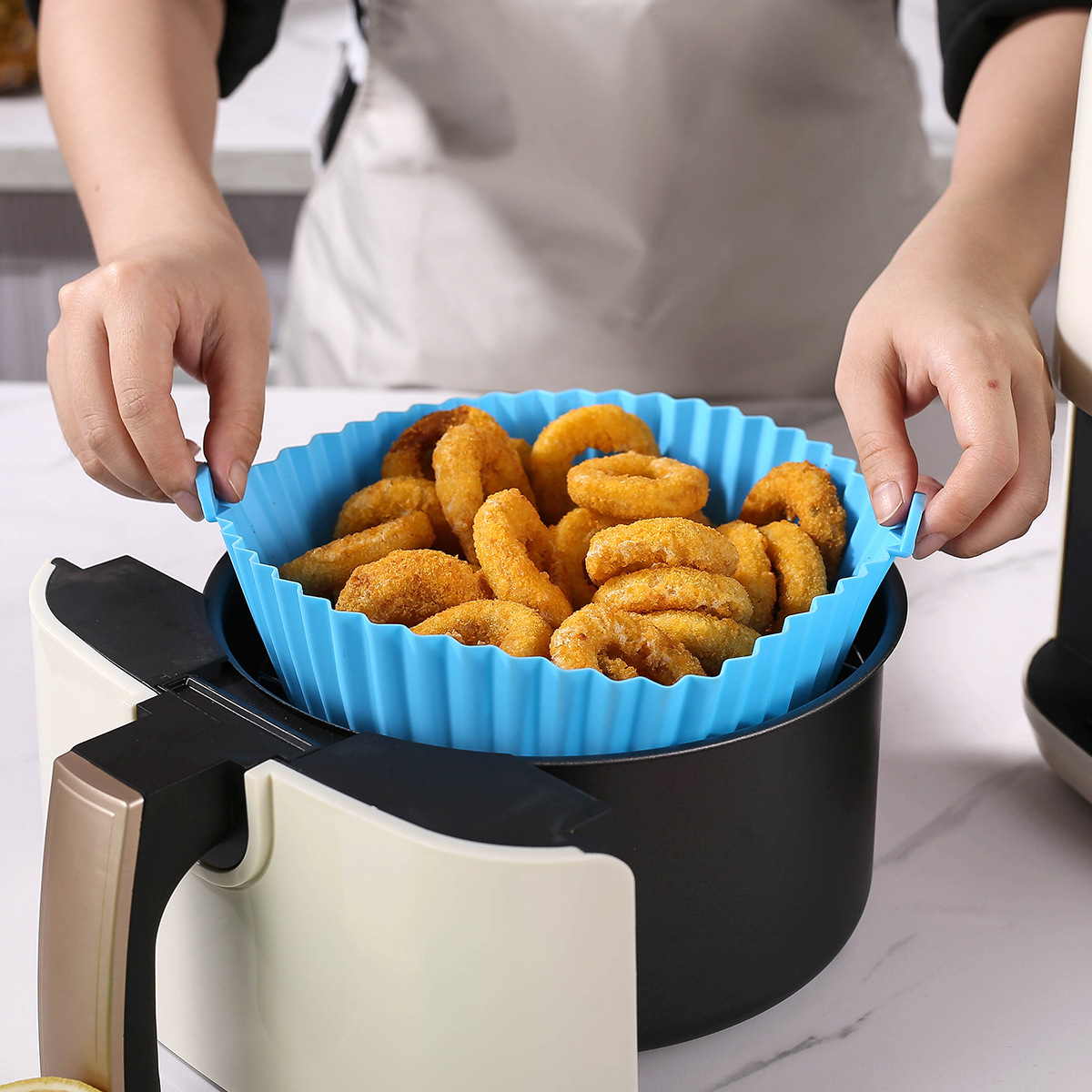 Air Fryer Silikon-Backblechmatte, kreisförmig, hochtemperaturbeständig, faltbar, Doppelohr-Backblech in Lebensmittelqualität