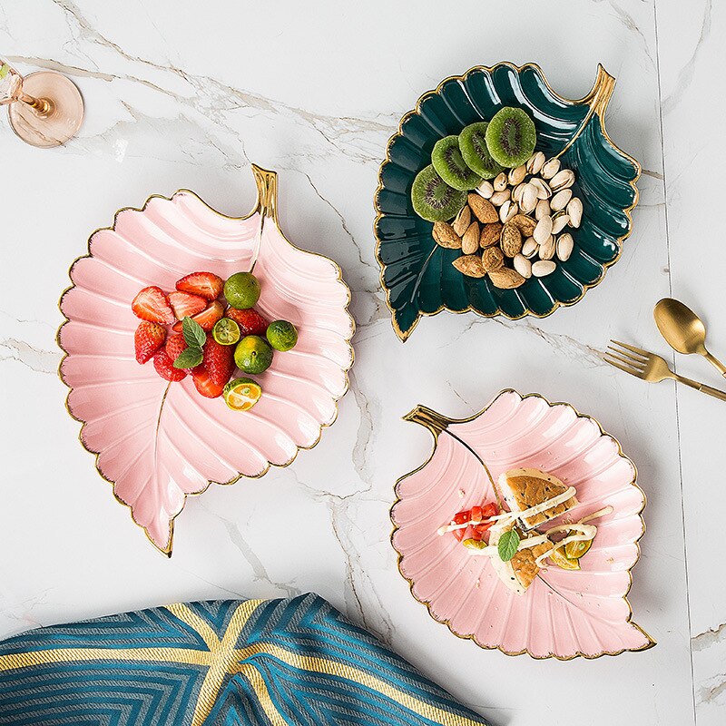 Luxus Keramik Teller Ablage mit Gold Rand Grün Blatt Gold Feder Schmuck machen-hoch Pinsel Lagerung Dekorative Sushi Platte