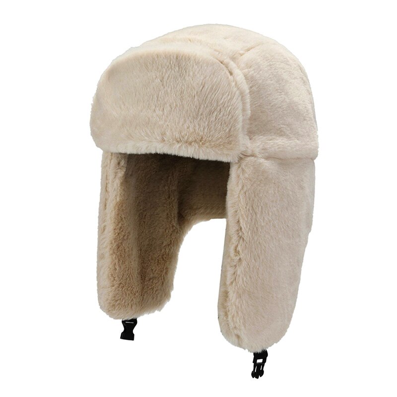 Winter Outdoor Riding Ski Hat With Earmuffs Thick Warm Soft Plush Faux Rabbit Fur Cap Women Windproof Russian Bomber Hat: Khaki