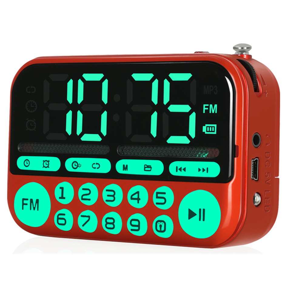 F-14 Portable Mini FM Radio Stereo Speakers Music Player Dual Band Receiver FM 87.5-108MHz Backlight button Clock