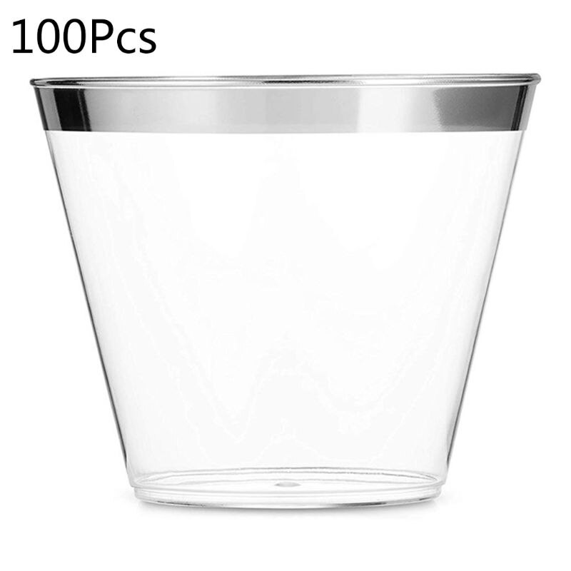 100 Gold Plastic Cups 9 Oz Clear Old Fashioned Tumblers Gold Rimmed Cups: Silver