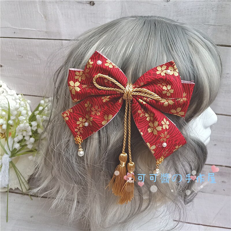 Borlas de cabelo retrô sakura, antigas, com laço g... – Vicedeal