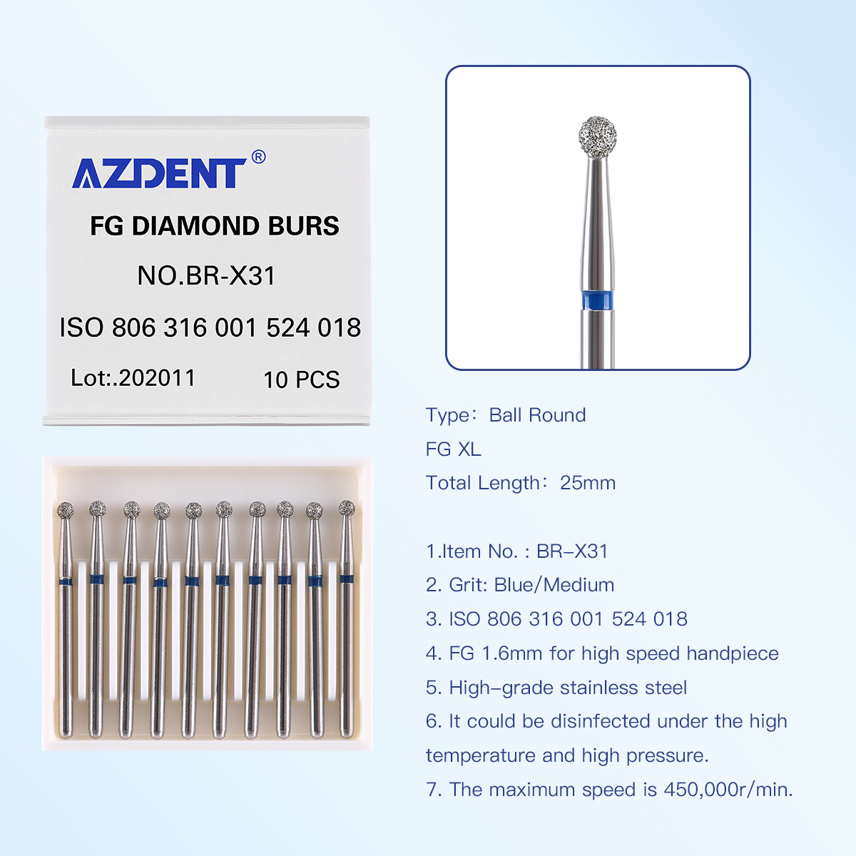 AZDENT Dental Diamond Bur FG Burs 1.6mm For High Speed Handpiece Length 25mm XL Type Ball Round Shape10pcs/Box: green