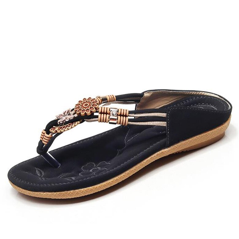 TIMETANG, Sandalias planas bohemios étnicos de verano para mujer, sandalias chanclas con cuenta para mujer, sandalias de playa de talla grande, zapatos informales 36-41: Black / 10
