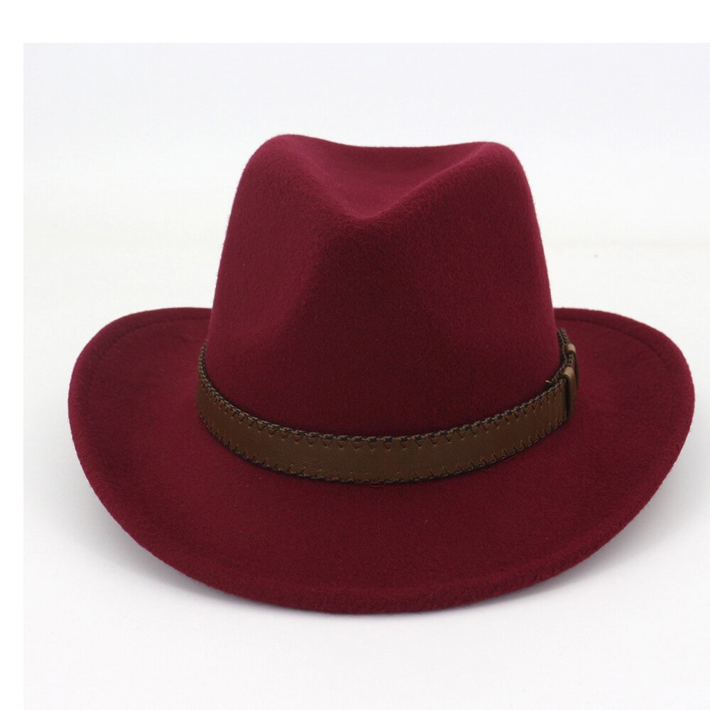 Unisex Men Women Wool Western Cowboy Hat With Punk Belt Outdoor Travel Sombrero Hombre Hat Size 56-58CM: Wine Red