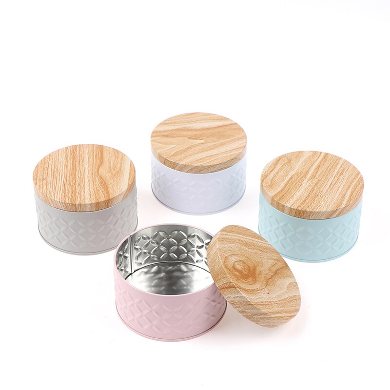 Round Empty Iron Box With Wood Grain Lid Candy Storage Box Diy Candle Making Jar