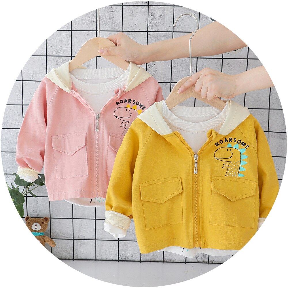 Herfst Baby Jongens Cartoon Dinosaur Lange Mouw Capuchon Kinderen Kinderen Ongedwongen Rits Bovenkleding Meisjes Jas Casaco