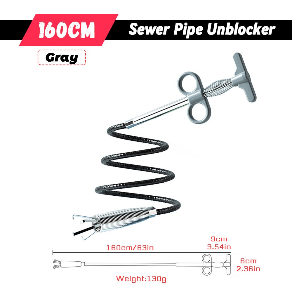 60/90/160mm Sewer Pipe Unblocker Snake Spring Pipe Dredging Tool for Bathroom Kitchen Hair Sewer Sink Pipeline Cleaning Tools: Gray 160cm
