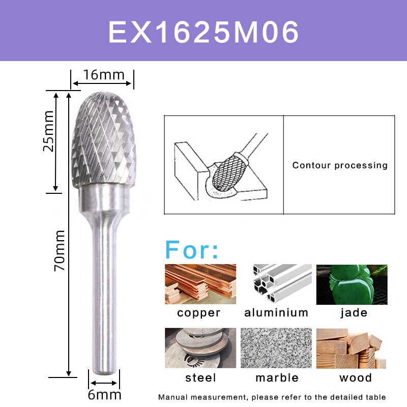 Double Cut EX Type Head Tungsten Carbide Rotary File Tools Drill Milling Carving Bit Tools Point Burr Die Grinder Abrasives Set: EX1625M06