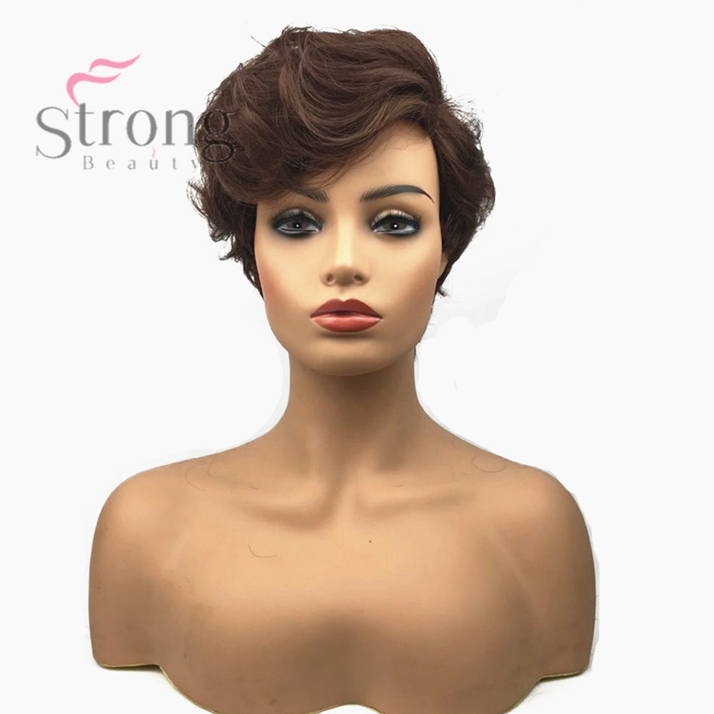 StrongBeauty Women Synthetic Capless Wig Brown Pixie Cut Hair Asymmetrical Side Bang Short Curly Wigs