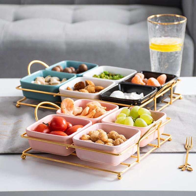 De cerámica bandeja de comida con divisores hogar fruta Bol para bocadillos bandeja de almacenamiento con soporte de hierro decoración de bandejas de ensalada