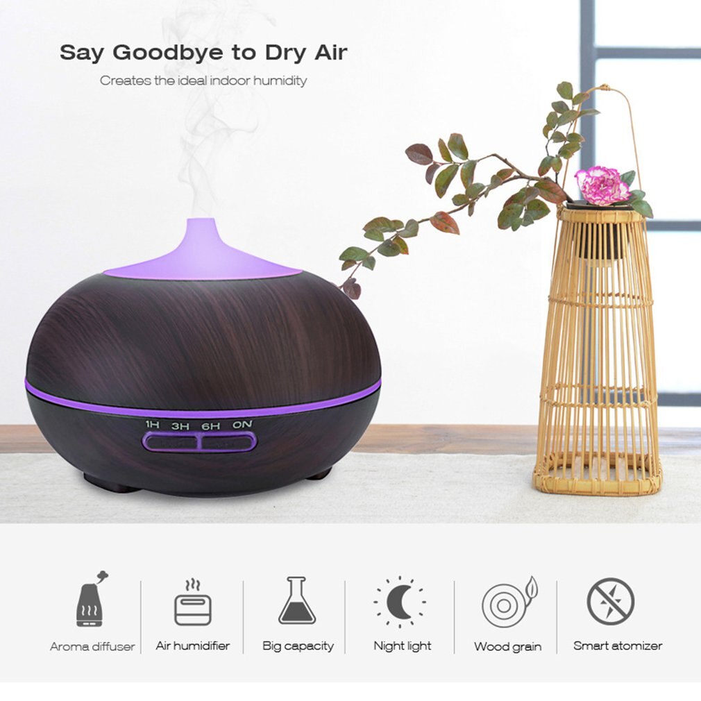 550ml Remote Control Ultrasonic Air Humidifier Aroma Essential Oil Diffuser with Wood Grain 7 Color Changing LED Lights