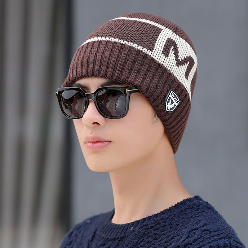 Varm vinter mænd hat tørklæde til uld kvinder hætter og tørklæder stribe brev strikkede beanies cap 2 stk sæt mandlige skullies maske motorhjelm: Kaffe hat