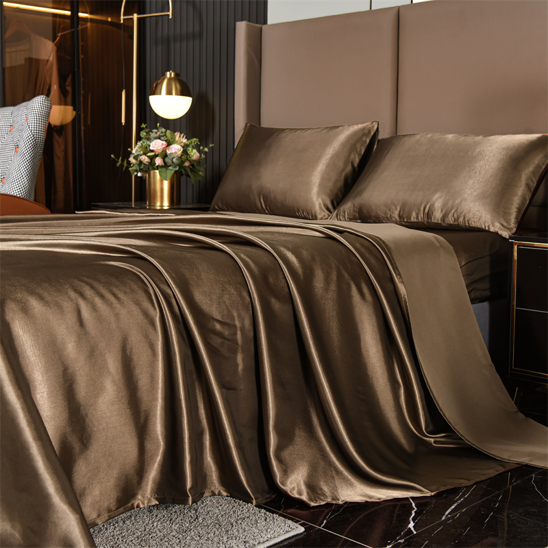 Satin Bed Sheets, Queen Size Sheets Set, 4 Pcs Silky Bedding Set 1 Deep Pocket Fitted Sheet + 1 Flat Sheet + 2 Pillowcases: Full / Brown