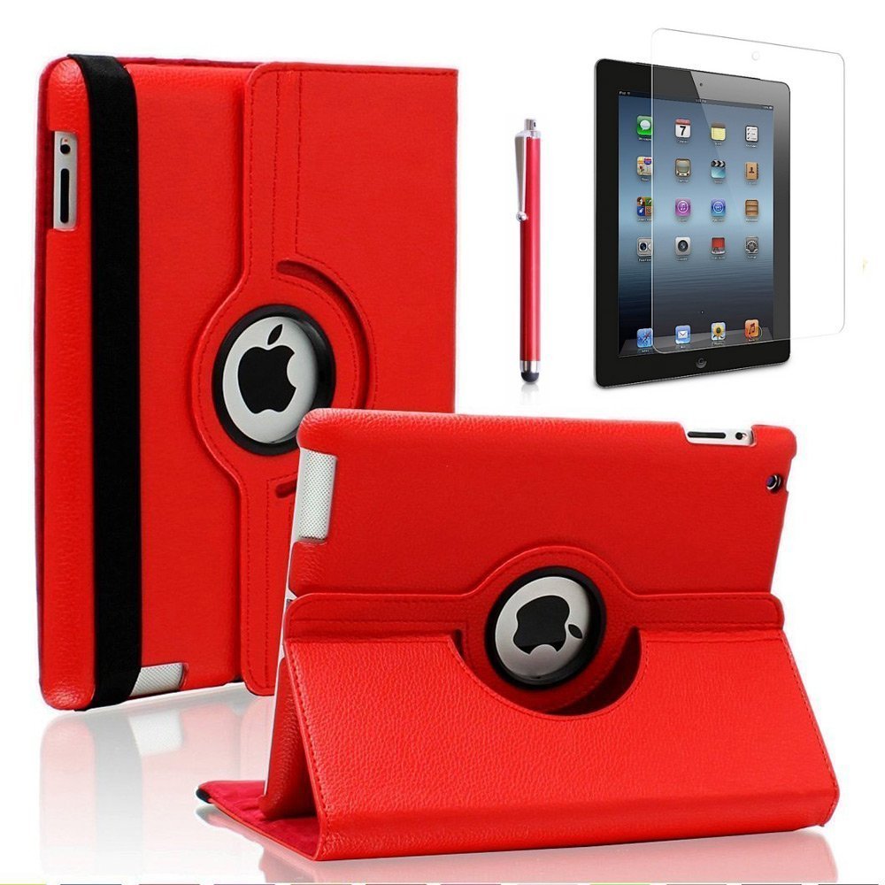 CucKooDo 360 Degree Rotating Stand Smart Case Cover for iPad with Retina Display (iPad 4th), For the iPad 3 & iPad 2: Red