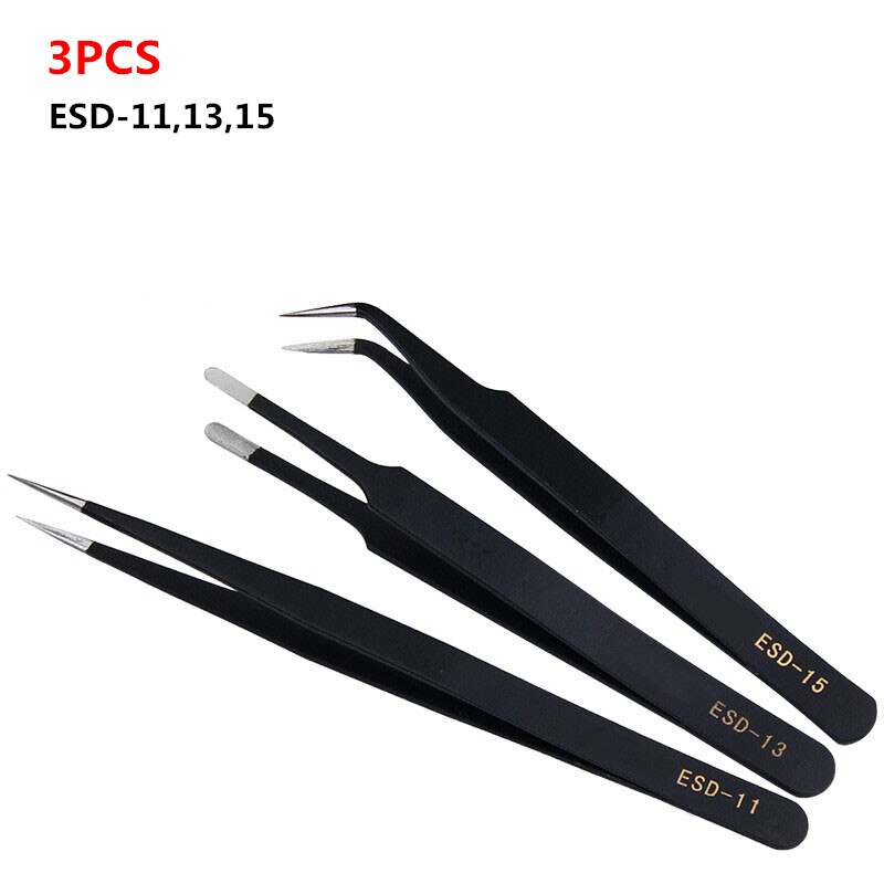 6Pcs Anti-static ESD Stainless Steel Tweezers Maintenance Tools Industrial Precision Curved Straight Tweezers Repair Tool Kit: 3PC-ESD