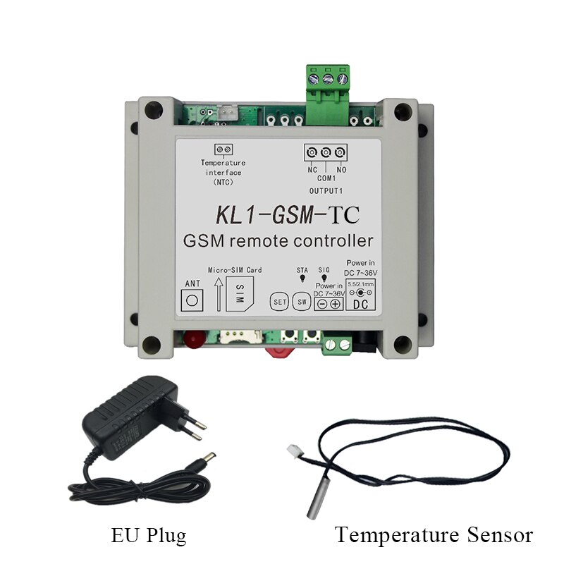 GSM SMS Remote Controller ON/OFF Relay Switch Access Controller KL1-GSM With NTC Temperature Sensor: KL1-GSM-TC EU Plug