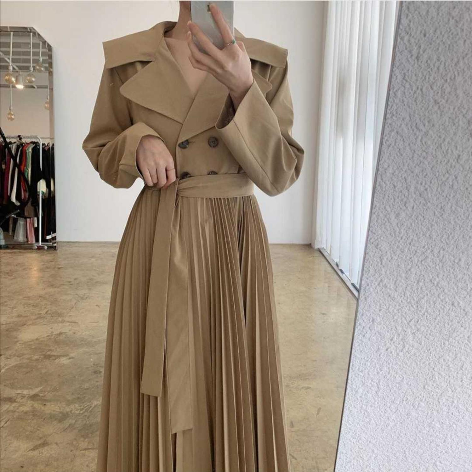Trench-Coat Double boutonnage classique et Long avec ceinture pour femme, coupe-vent Chic, manteau d'épissure plissée, collection automne