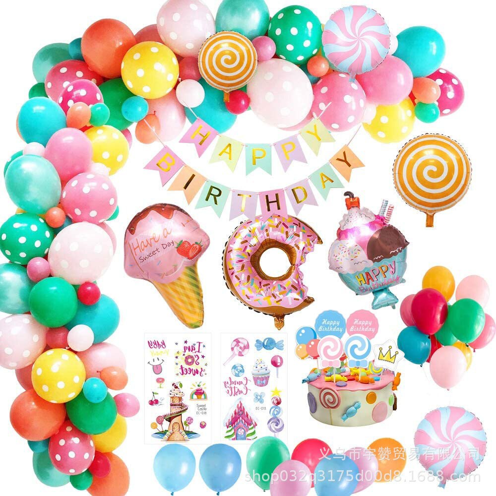 Candyland Meisjes Verjaardagsfeestje Decoraties Ballonnen Set Familie Banner Candy Donut Zomer Ijs Folie Ballonnen Lolly Party: 1