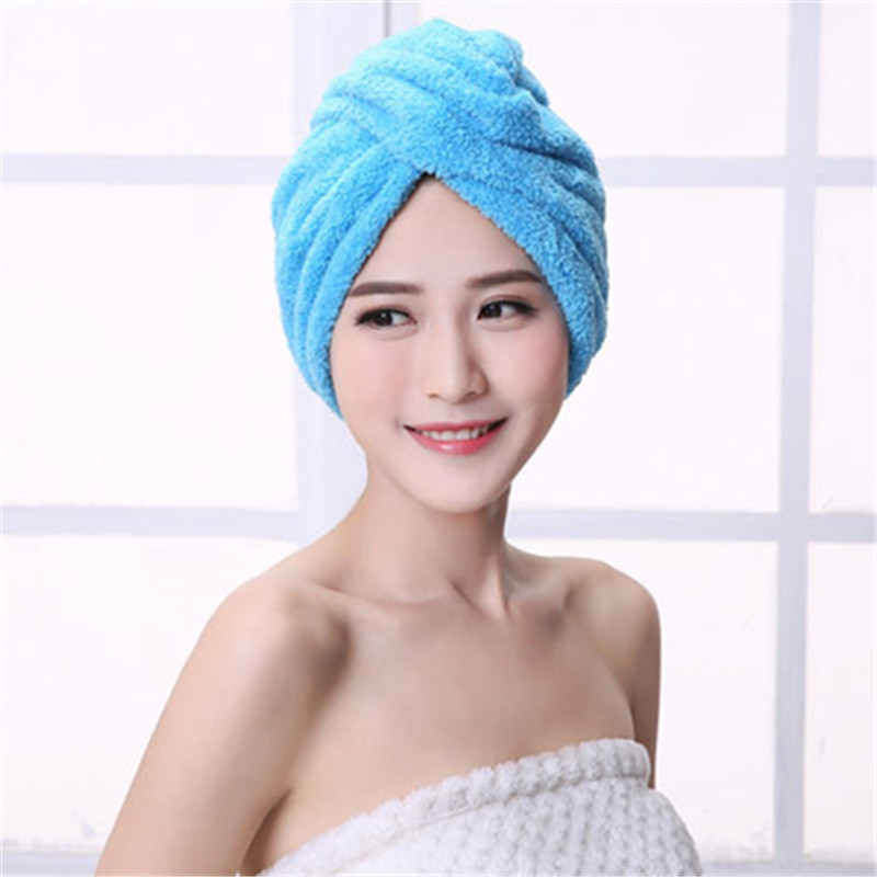 Toalla de baño de terciopelo Coral para cabello seco turbante de secado rápido de microfibra superabsorbente para mujer gorro de pelo envuelto con botón grueso: Blue
