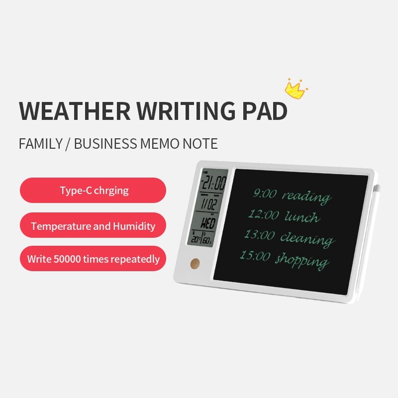Digital Clock Calendar LCD Writing Pad - Temperature Humidity Display - White ABS