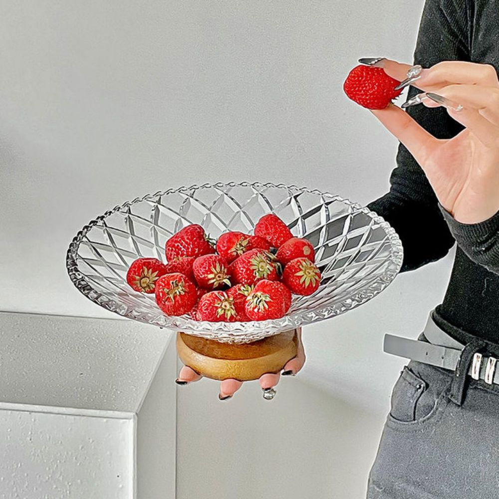Bandeja de bayas de vidrio francés transparente de lujo ligera, plato de fruta decorativo de gran capacidad, Base de madera, bandeja para servir frutas, mesa de té