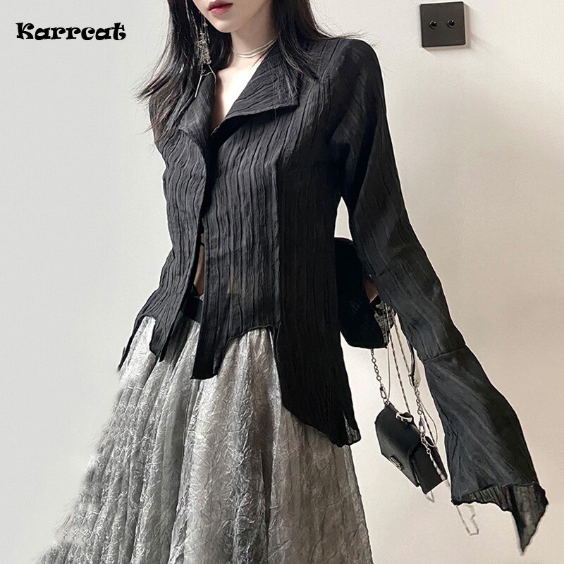 Karrcat gótico preto camisas irregulares yamamoto estilo alargamento manga blusa escuro estético grunge roupas harajuku shopping goth topos
