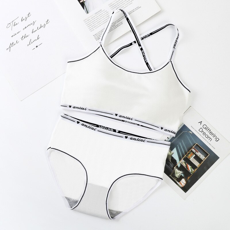 Girls Bra and Panty Sets Teenage Padded Sport Training Bra+Panties Puberty Students Letter Printed Brassiere Underwear Panties: White