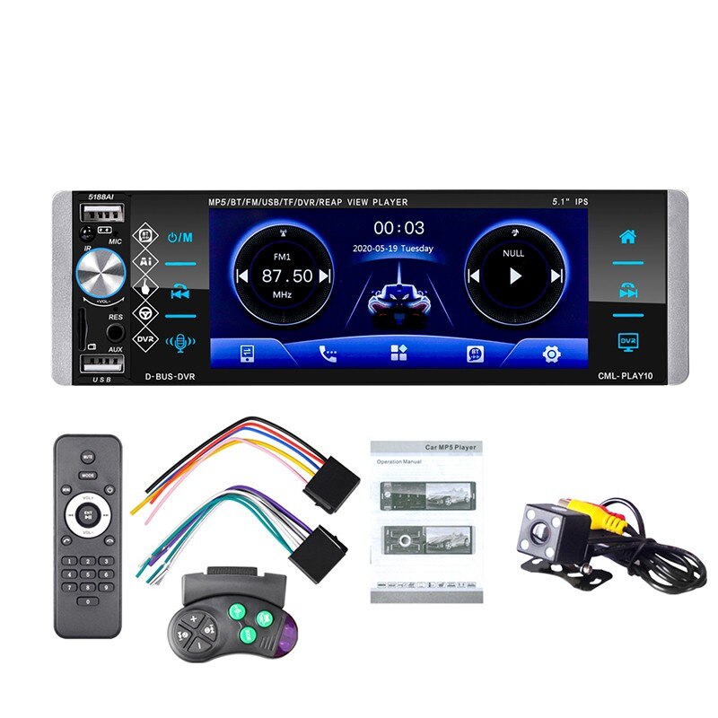1 din  mp5 player touch bilradio tovejs sammenkobling rds am  fm 4- usb 5.1 inches understøtter android 10 mirrorlink: Med 4 led camea