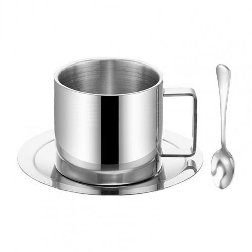 Stainless Steel Double Layer Coffee Cups Mug And Saucers Spoon Sets With Box Tea Soy Milk Breakfast Mugs Dessert Plate: 280ml