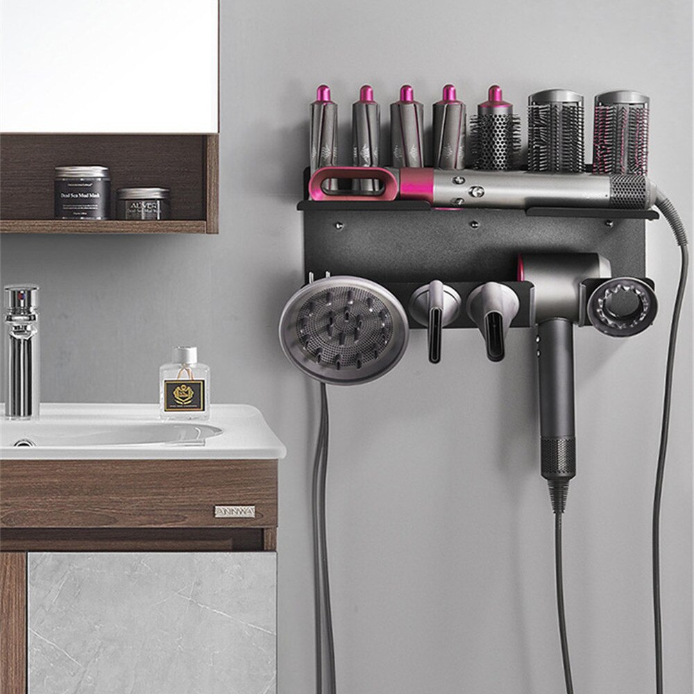 Hair Dryer Rack Black Stainless Steel Wall Mount Storage Rack Bathroom Waterproof Accessories Holder Organizer Home Decoration