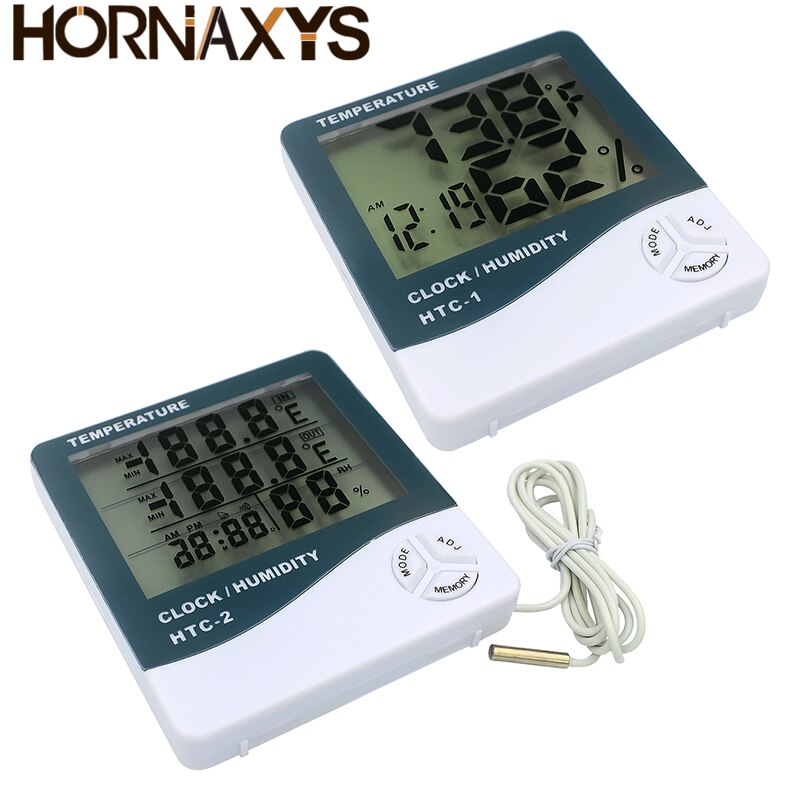 LCD Digital Thermometer Hygrometer Weather Station HTC-1 HTC-2 Temperature Humidity Tester Clock Alarm Wall Sensor Probe LCD
