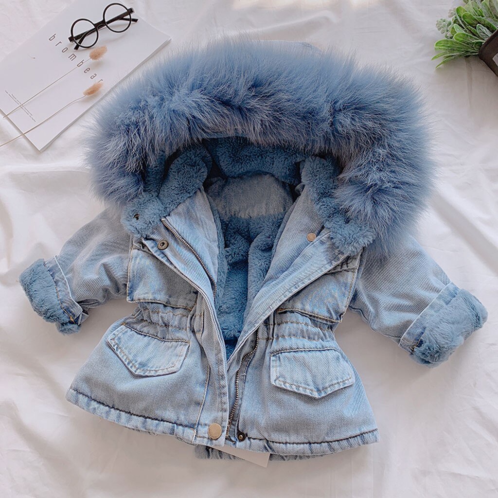 Winterjas Voor Meisje Peuter Kids Baby Meisjes Hooded Faux Fur Fleece Warme Dikke Denim Jas Uitloper Wollen Jas Houden warme Dikke Jas