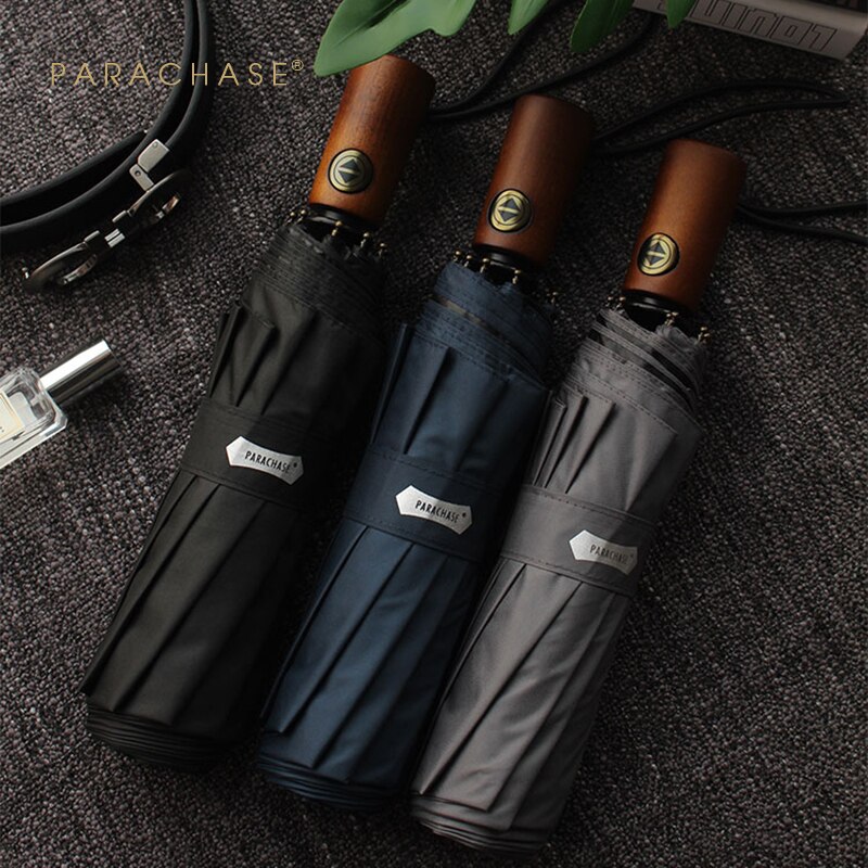 Parachase Automatische Regenschirm Männer Business 10 Rippen Holz Griff Golf Sonnenschirme Winddicht Anti UV Sonnenschirm Feine Regenschirm UPF50 +