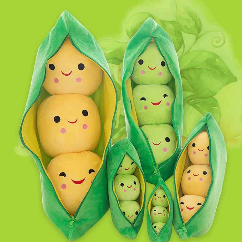 Joli sac de haricot en peluche en forme de gousse de pois avec 3 haricots souriants oreiller doux décoration de la maison FP8