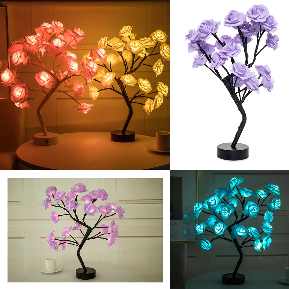 LED Simulation Lamp Rose Flower Tree Shape USB Port Battery Powered Decorative LED Garden Party Desktop Decor Light