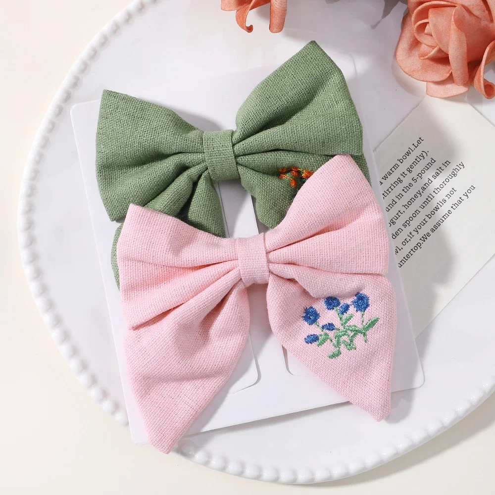 2 unids/set de pinzas para el cabello con lazos bordados, horquillas sólidas para niñas, pasadores de cinta hechos a mano, pasador de pelo de mariposa para niños, sombreros coreanos: Rosa